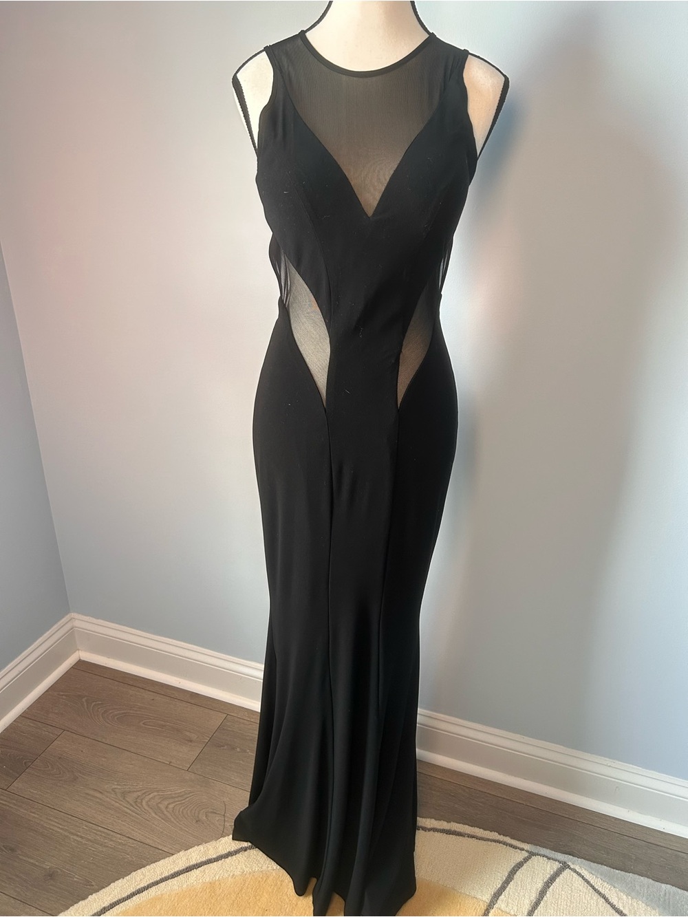 Betsy & Adam Black Sheer-Panel Evening Gown